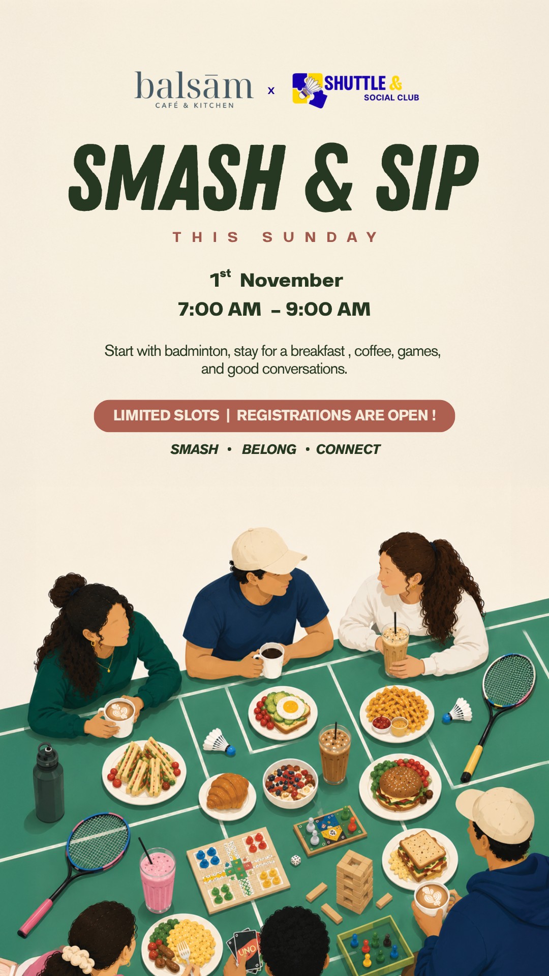 SMASH & SIP — balsām × Shuttle & Social Club 🏸☕